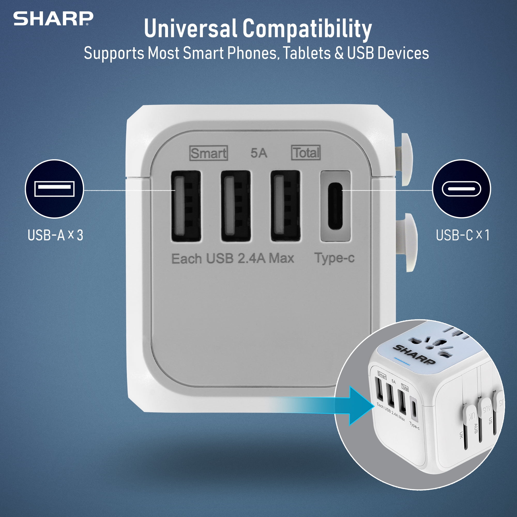 SHARP Universal Travel Adapter International Wall Charger Worldwide AC Plug Adaptor with 3 USB-A and 1 USB Type-C for USA EU UK AUS (White)