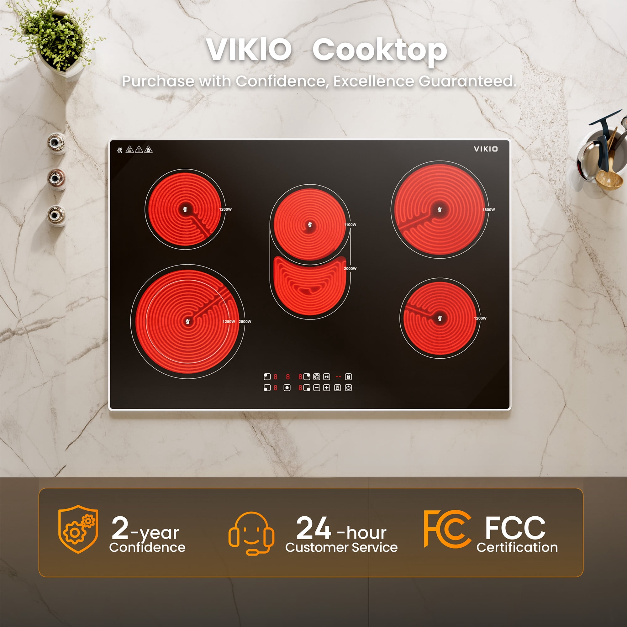 VIKIO HOME 30-inch Electric Ceramic Cooktop with Dual-Ring Burner & Touch Control, 9 Power Levels
