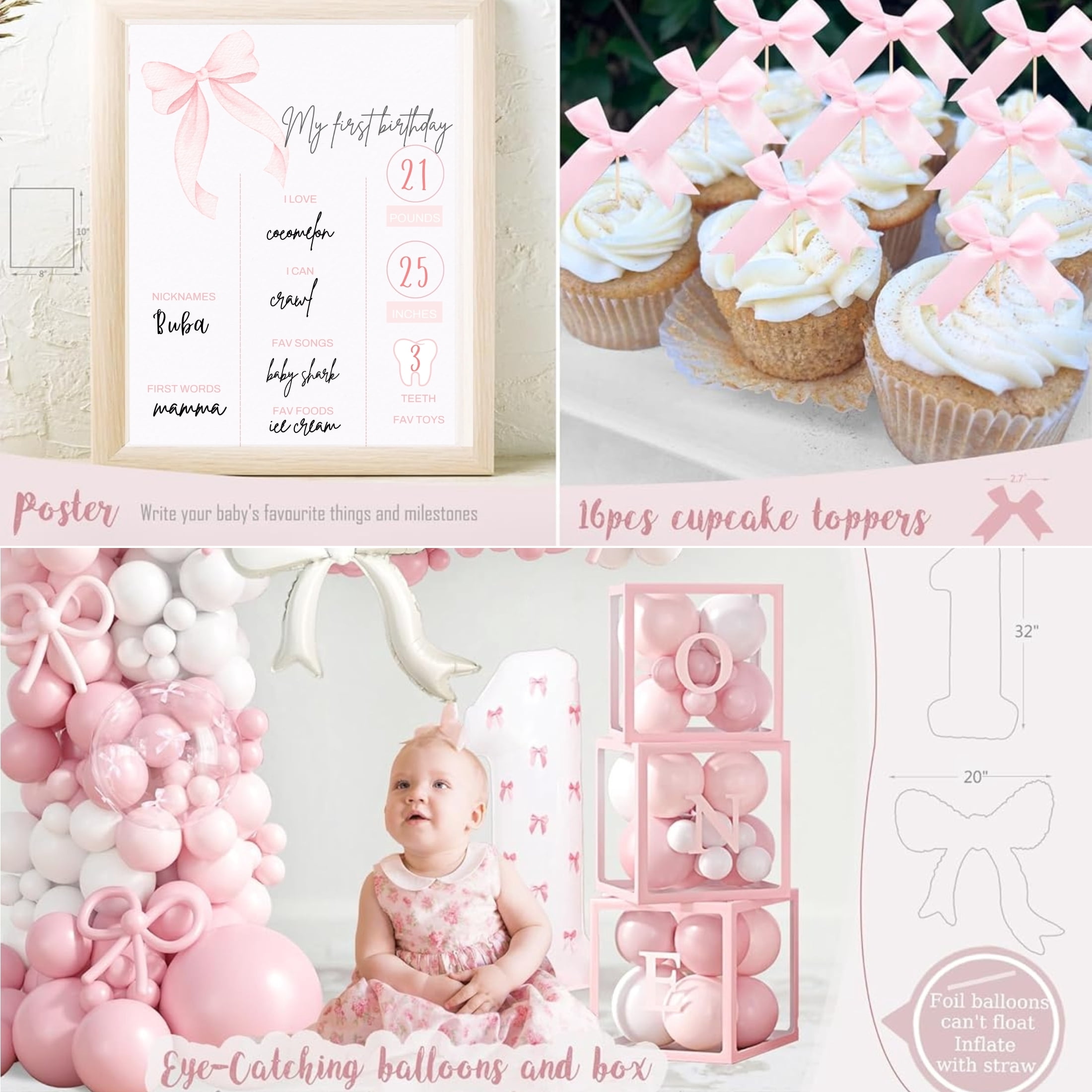 EMPIRE PARTY Supply Pink Bow 1st Birthday Decorations for Girl, Pink White Balloon Arch Kit, Backdrop, High Chair Banner, 166 Pieces