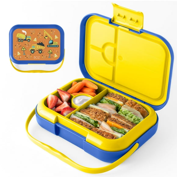 BOZ Bento Box for Kids - Kids Bento Lunch Box for Ages 3 to 7 – Toddler Lunch Box for Daycare – Leak Proof 4 Compartments Kids Lunch Container – Dishwasher Safe Kids Bento Box – Construction Lunch Box