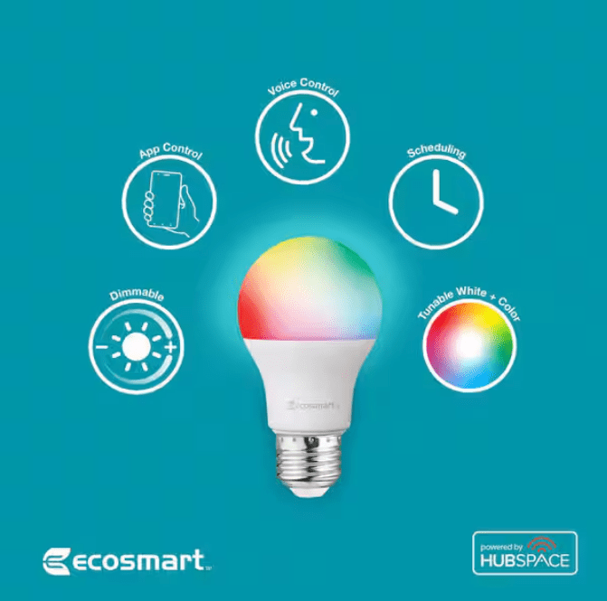 EcoSmart 60-Watt Equivalent Smart A19 E26 Base Color Changing CEC LED Light Bulb with Voice Control (4-Bulb) Powered by Hubspace