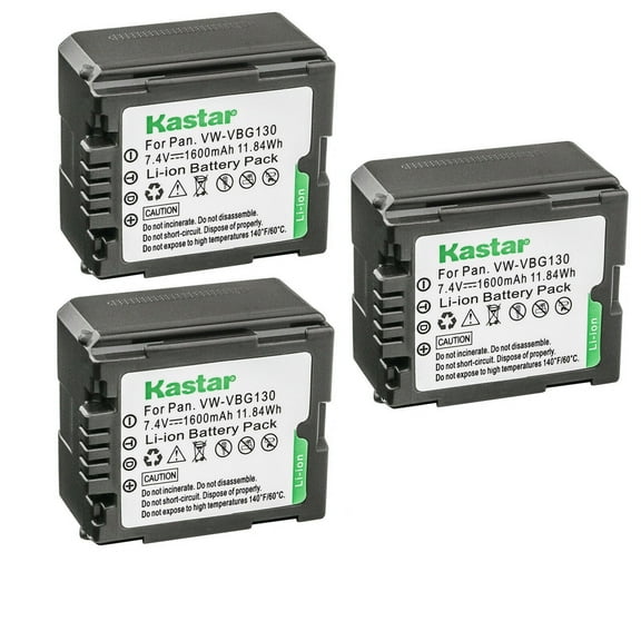 Kastar 3-Pack VW-VBG130 Battery Replacement for Panasonic HDC-TM300, HDC-TM300K, HDC-TM300P, HDC-TM300PC, HDC-TM350, HDC-TM650, HDC-TM700, HDC-TM700K, HDC-TM750, HDC-TMT750GK, NV-GS90 Camera