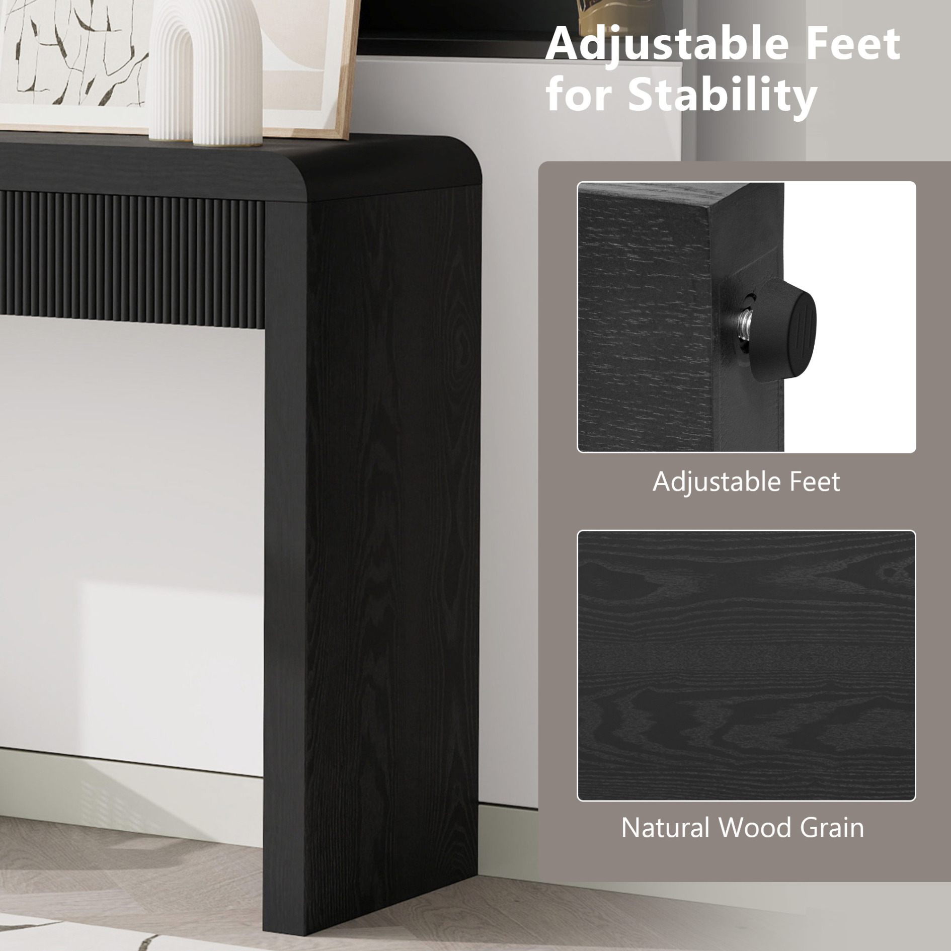 53 Inch Fluted Table for Entryway, Farmhouse Console Table with 3 Drawers and Adjustable Foot, Solid Wood Couch Tables Behind Sofa for Hallway, Living Room, Foyer, Black