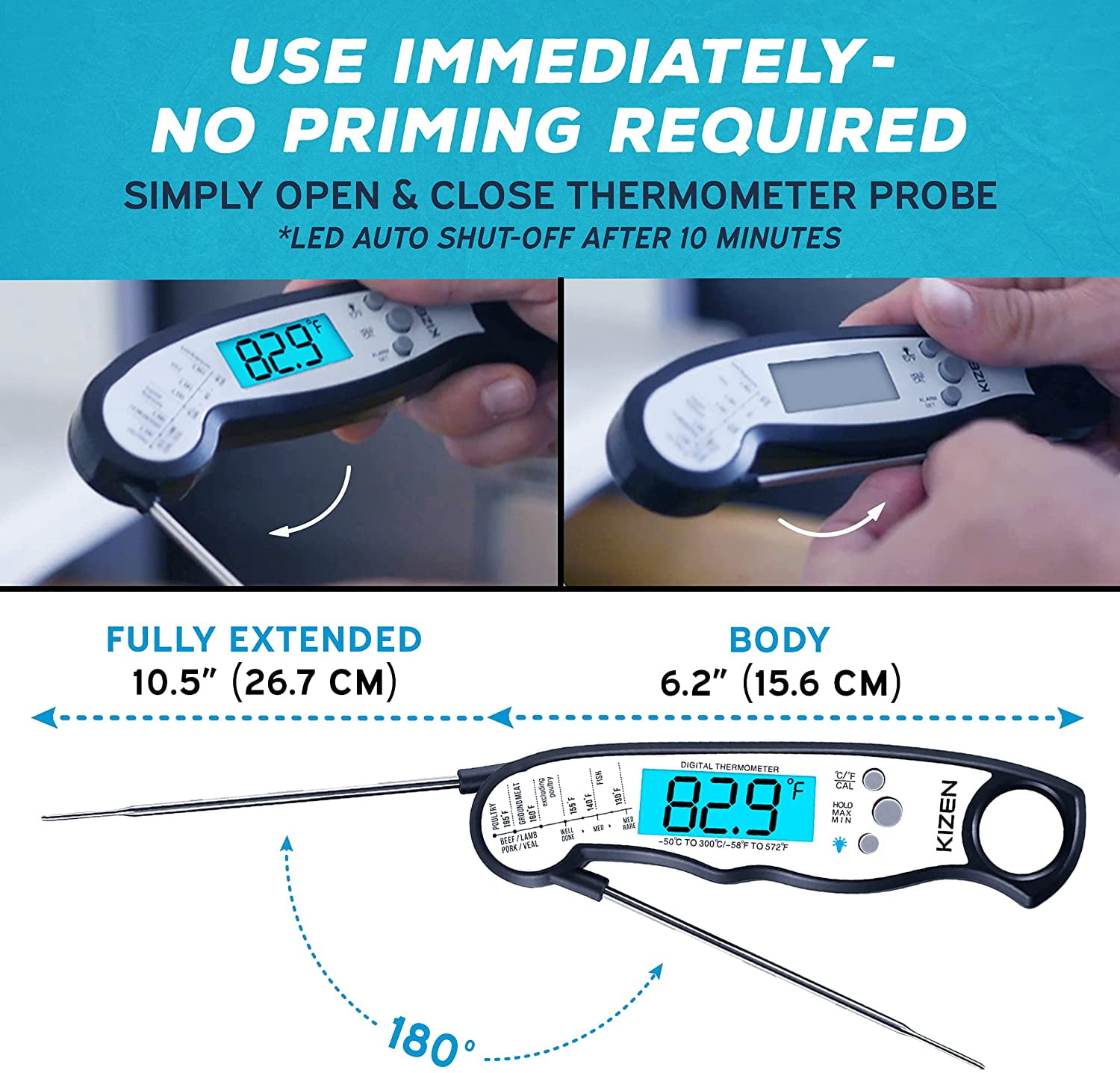 Kizen IP109 Waterproof Meat Thermometer with Long Probe - New