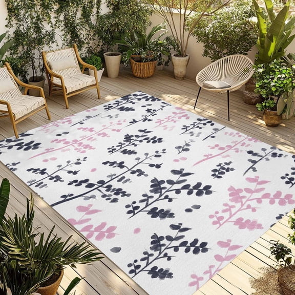 Grey Pink Botanical Outdoor Rug for Patio/Deck/Porch, Non-Slip Large Area Rug 5 x 7 Ft, Watercolor Spring Floral Summer Leaf Indoor Outdoor Rugs Washable Area Rugs, Camping Rug Carpet Runner