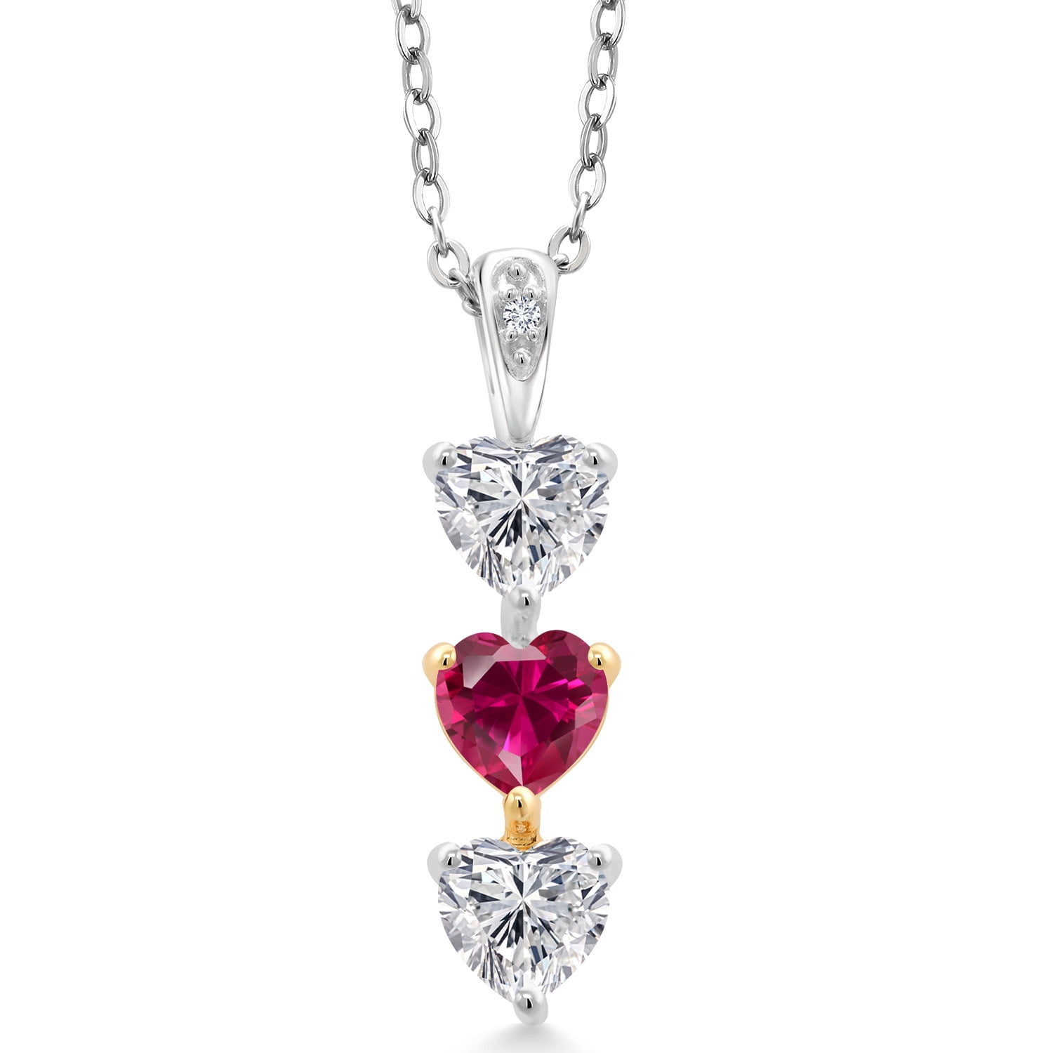 Gem Stone King 925 Silver and 10K Yellow Gold Lab Grown Diamond and Red Created Ruby Pendant Necklace for Women | 1.49 Cttw | Gemstone April Birthstone | Heart Shape 5MM | With 18 inch Chain