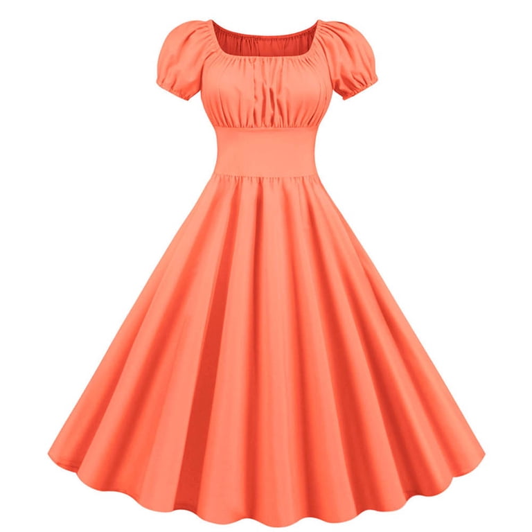 QLEICOM Women's 1950s Vintage Dresses,Square Neck Back Elastic Waist Short  Sleeve Hem Mini Dress, Cocktail Stretchy Evening Party Dresses, Halloween  Costumes Slim Swing Dress Orange S - Walmart.com