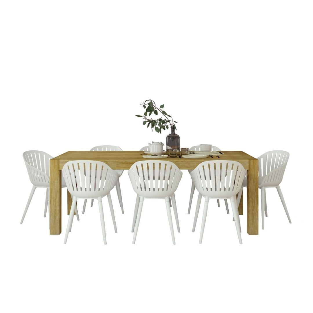Midtown Concept Ambar 9-Piece Patio Rectangular Table Set | Eucalyptus Wood | Ideal for Indoors, White With White Cushions