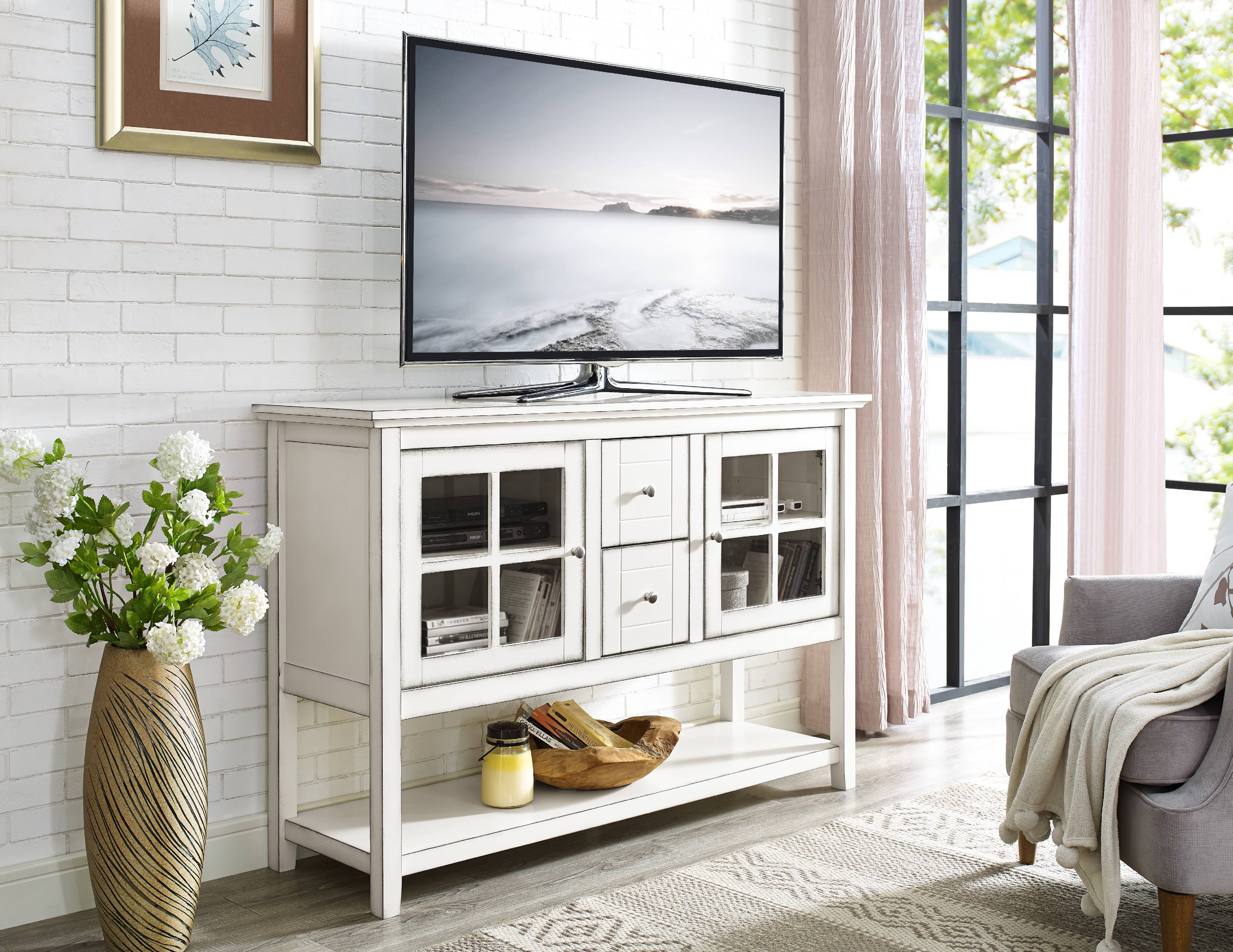 Transitional Glass Door Antique White Wood Sideboard TV Stand by Manor