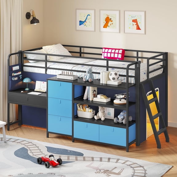 Low Loft Bed Twin Size with 6 Storage Drawers, Twin Metal Loft Beds with Desk, LED Lights and Storage Bookshelf, Modern Loft Bed Frame for Teens, Full-Length Guardrail & Ladder, Black&Blue