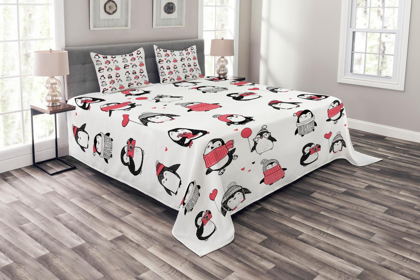 Winter Bedspread Set Queen Size, Cute Penguins Hand Drawn Merry