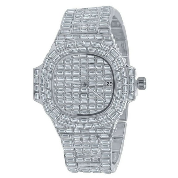 Fully Iced Baguette Simulated Diamond 18K White W/White CZ Gold Finish 5 ATM Water Resistant Solid Stainless Steel Back Mens Watch W/Date Function 45mm