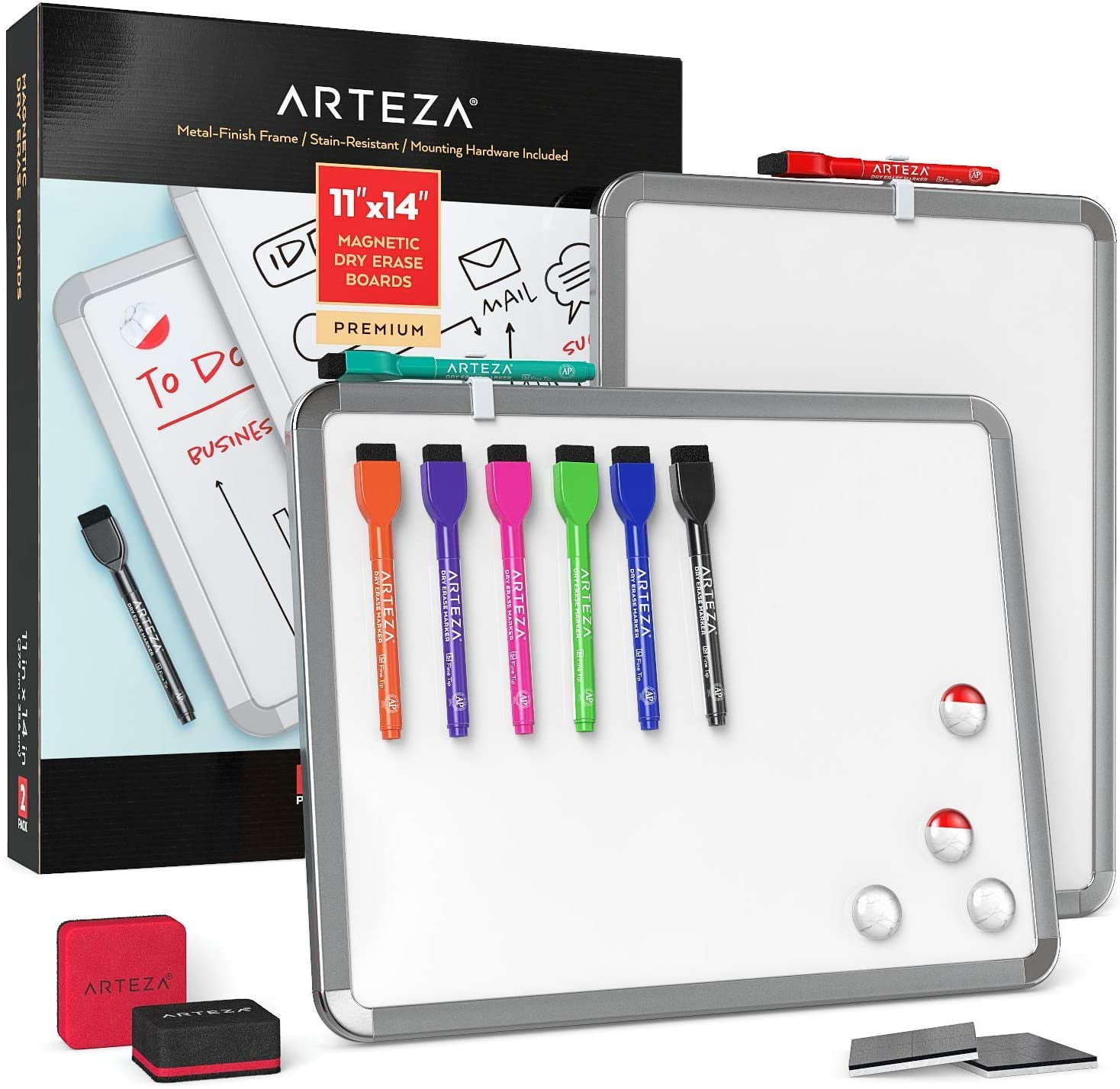 Arteza Premium Set of 2 Framed White Magnetic Dry Erase Lapboards (8.5'x11'), 16 Markers with Cap Erasers, and Magnets
