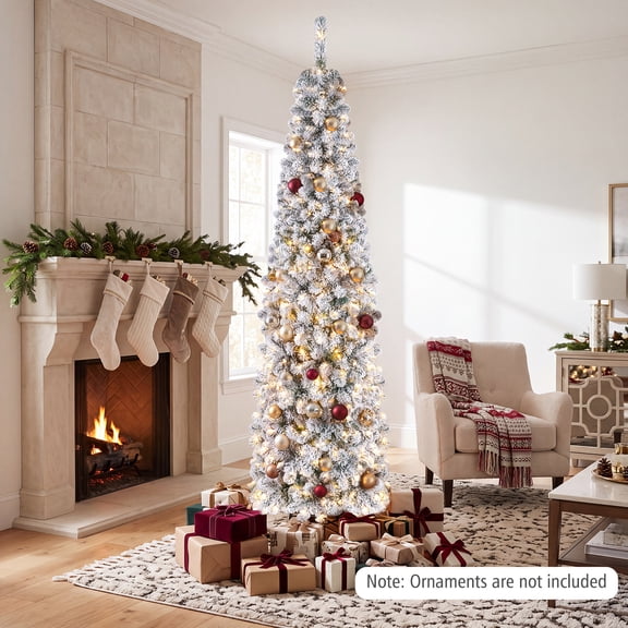 Costway 7.5Ft Pre-lit Snow Flocked Artificial Pencil Christmas Tree with 350 LED Lights