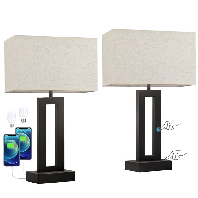 Juego de 2 lámparas de mesa Seealle táctiles con USB y regulables en crema