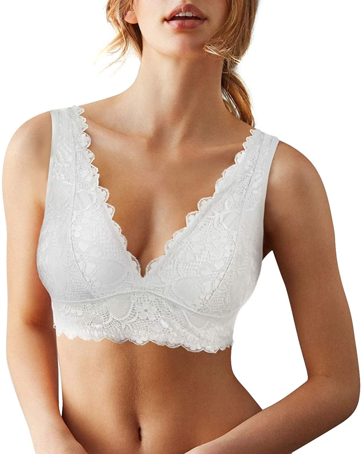 Bafully Comfort Lace Bralette for Women Deep V Soft Sleep Bra Crop Top Removable Padded Wirefree 
