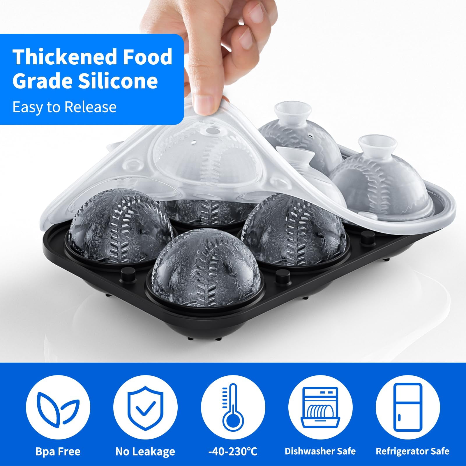 6 Chamber 2.2" 3d Baseball Gifts Ice Cube Tray With Funnel Large Round Ball Maker Mold Silicone Fun Shapes Sphere Molds For Chilling Brandy And Beverages