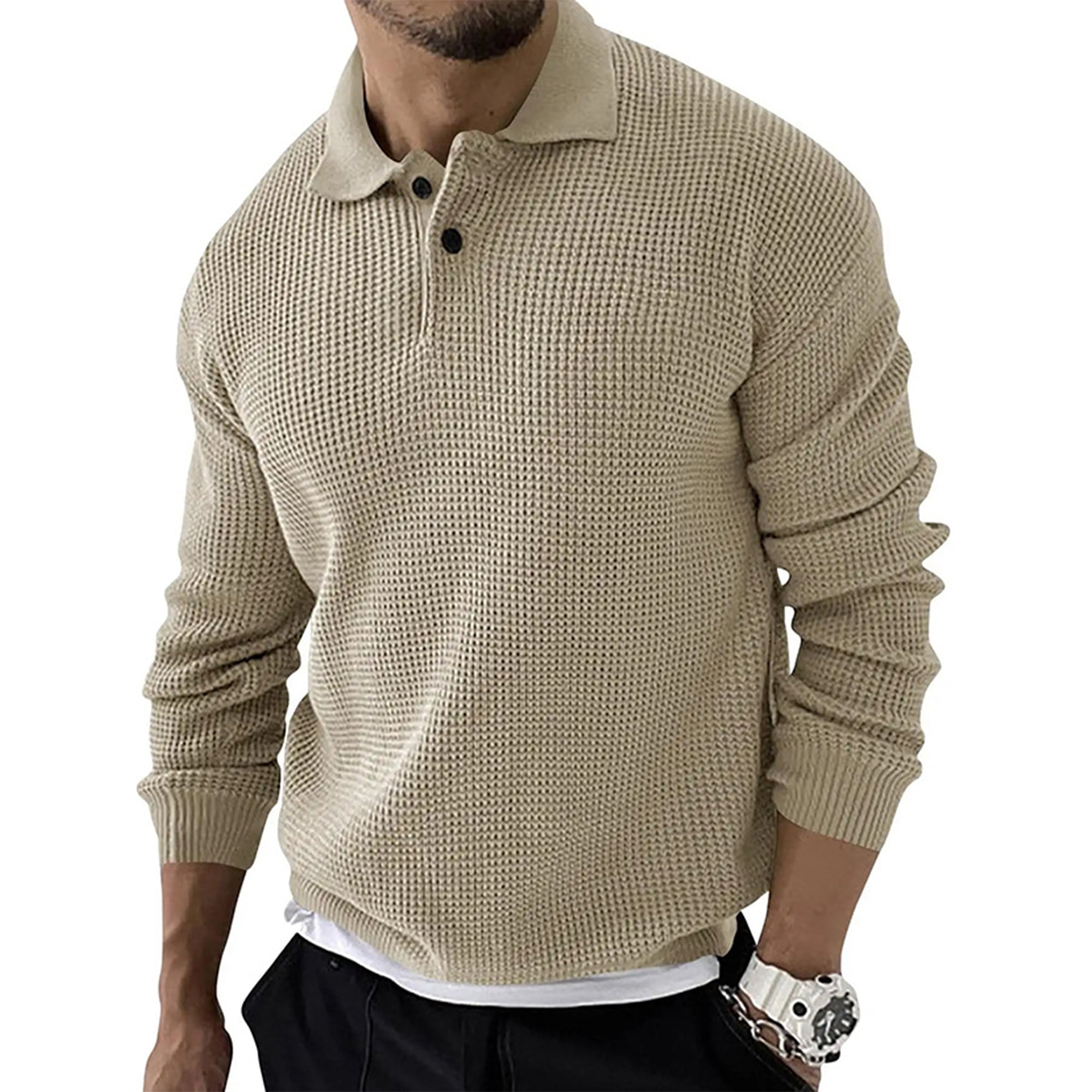 LUXUR Men Buttons Pullover Casual Work Sweater Beige 2XL