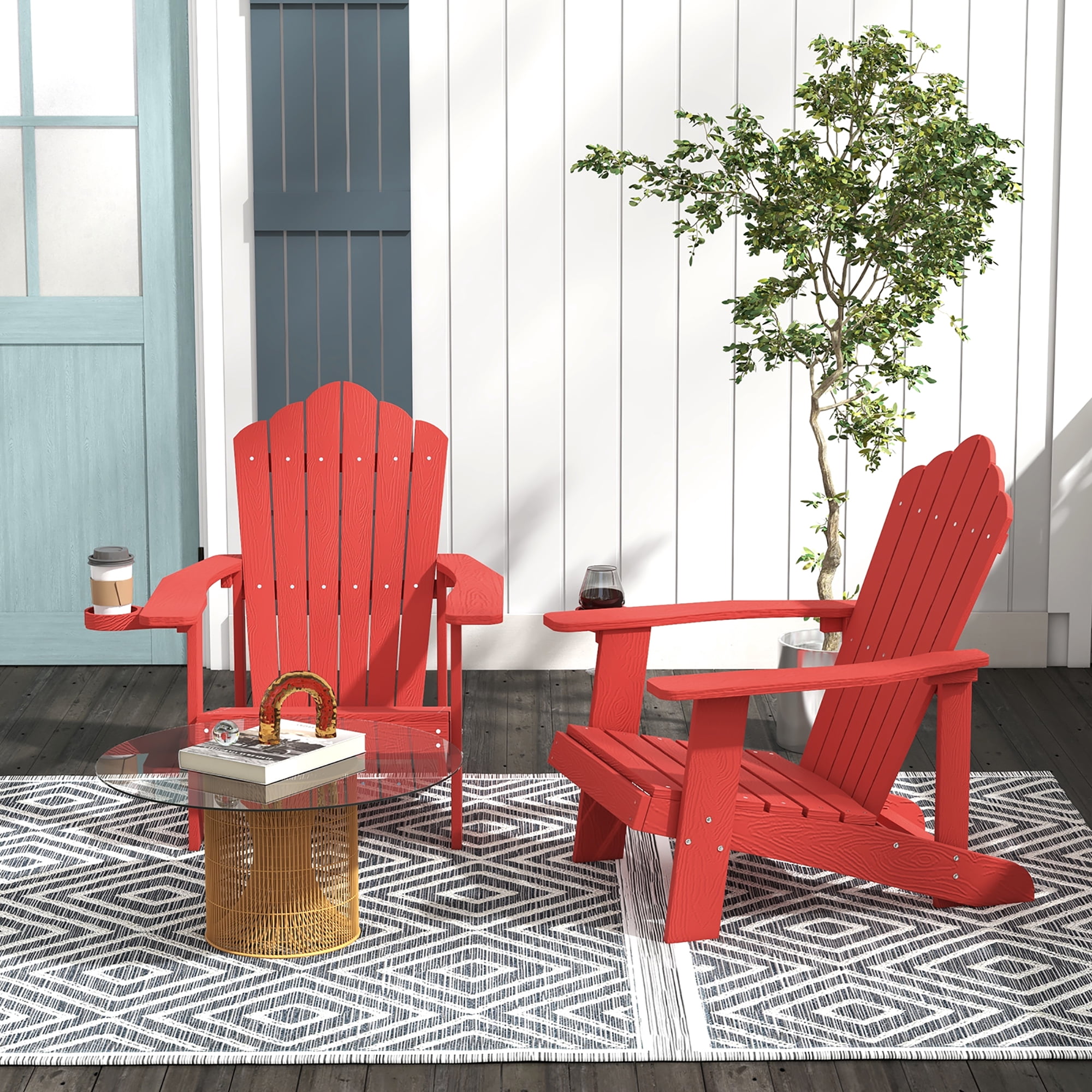 Gymax Patio HIPS Outdoor Weather Resistant Slatted Chair Adirondack Chair w/ Cup Holder Red