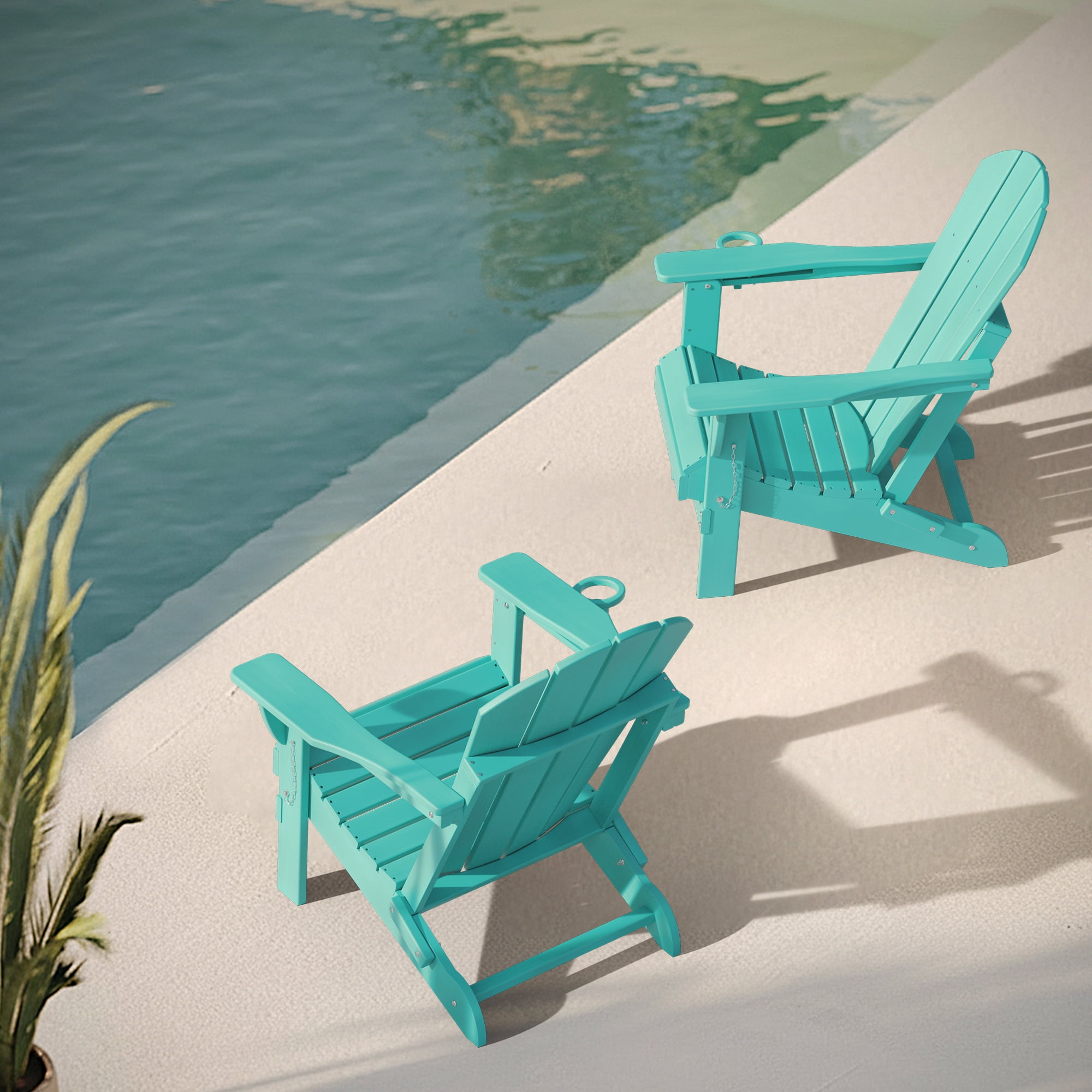 Folding Adirondack Chair Set of 2, HDPE All-Weather Outdoor Patio & Firepit Chair with Ergonomic Extended Backrest & Cup Holder, Low Maintenance, Aqua