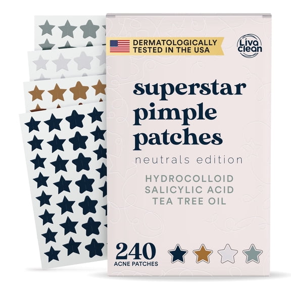 LivaClean 240 CT Neutrals Pimple Patches for Face w/Tea Tree, Hydrocolloid Acne Patches Cute Star Pimple Patch for Healing, Cute Face Stickers, Zit Patch