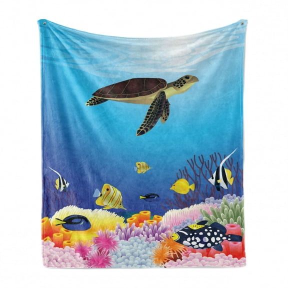 Turtle Soft Flannel Fleece Throw Blanket, Aquatic Fauna Life Under the Sea Corals Exotic Thorn-Tailed Fishes and Moorish, Cozy Plush for Indoor and Outdoor Use, 50" x 70", Multicolor, by Ambesonne