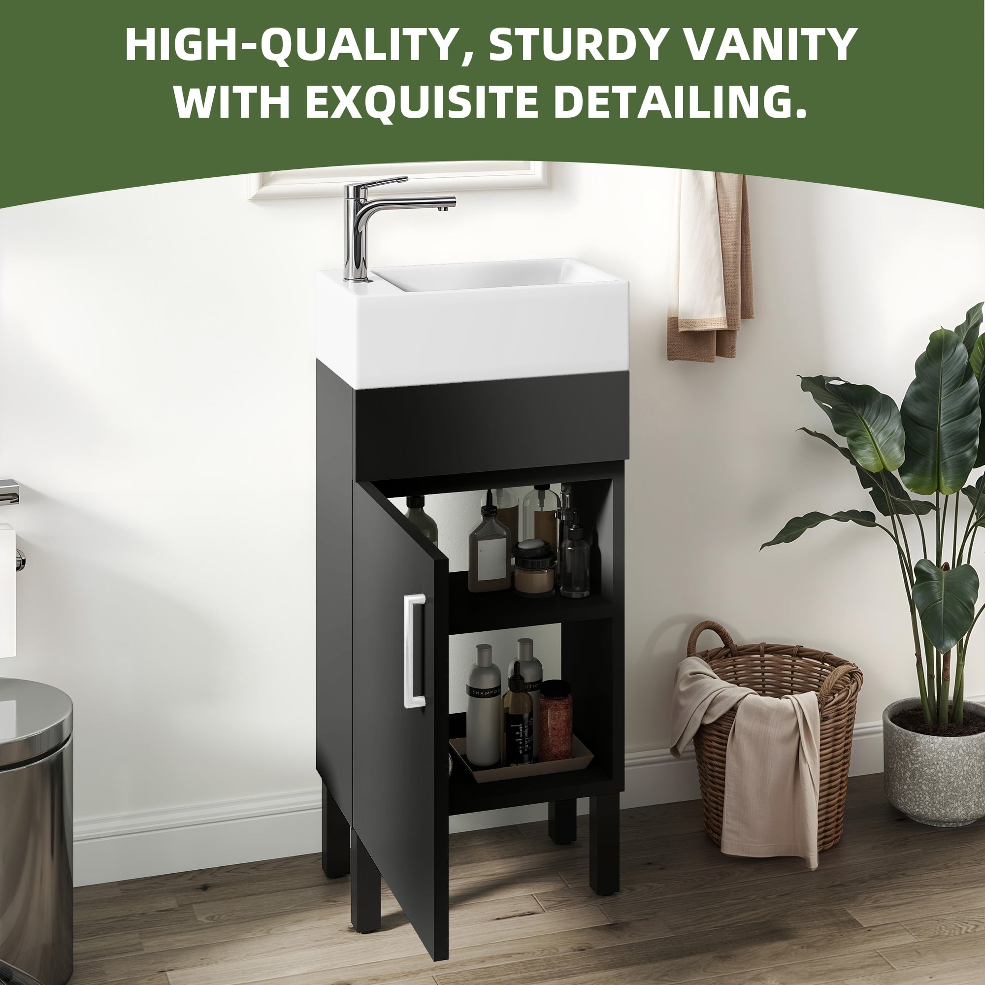 Uforic 16" Bathroom Vanity with Top Sink, Modern Free Standing Small Bathroom Storage Cabinet with Soft Close Door, Black