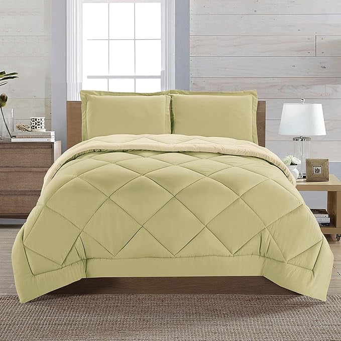 Elegant Comfort Reversible 3-Piece Comforter Set All Season, Ultra Soft, Down Alternative Comforter, 3PC Comf-KING, Sage/Cream