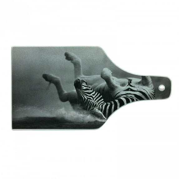 Africa Cutting Board, Zebra Rolling in the Dust Savage Animal Mammal Activity Eco Photo, Decorative Tempered Glass Cutting and Serving Board, Wine Bottle Shape, Black and White, by Ambesonne