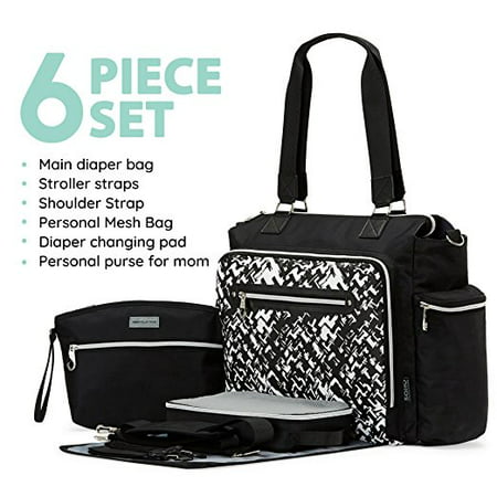 SoHo Collections, Large Trendy Unisex Nappy Diaper Tote Bag with Stroller Straps, 6 Piece Set, Times Square (Granite