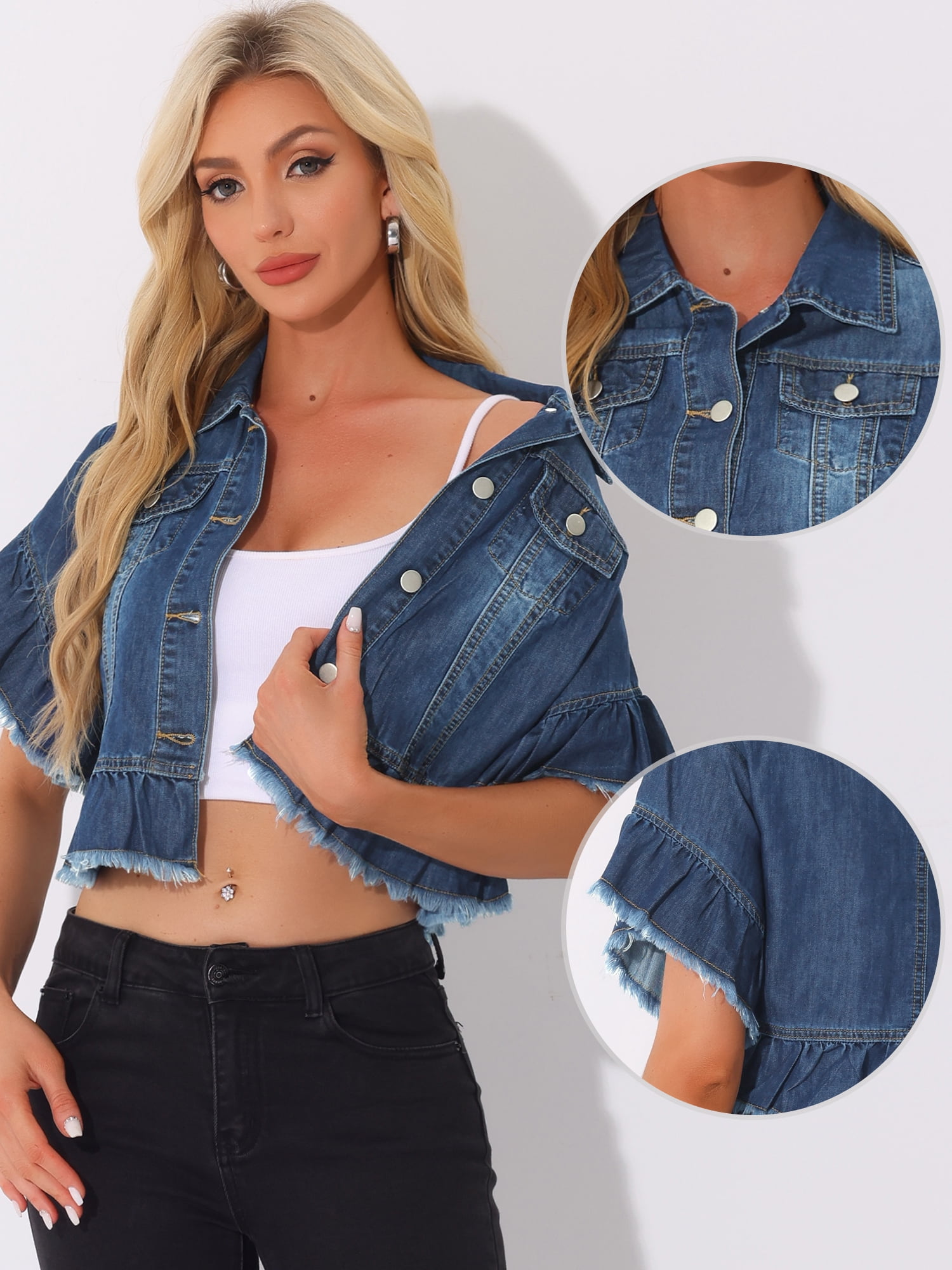 DARING DIVA Women's Ruffled Denim Jacket with Peplum Hem Design M Dark Blue