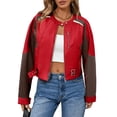 thumbnail image 2 of Womens Faux Leather Bomber Jackets Cropped Zip Up Color Block Fall Casual Moto Biker Coats, 2 of 6