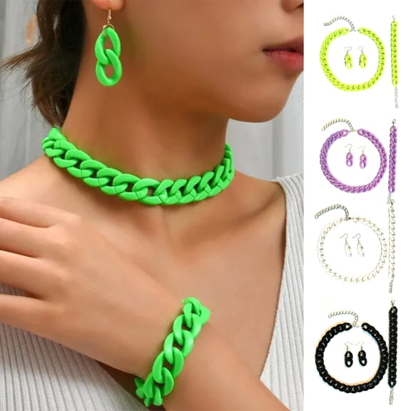 Pebbuoy 3Pcs/set Fashion Jewelry Set Women Resin Thick Twist Chain Necklace Bracelet Hook Earrings Set Punk Jewelry Accessories