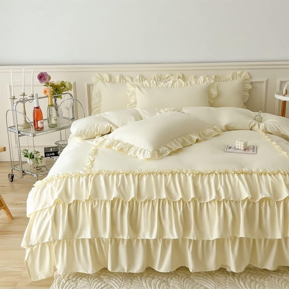 Ruffle Duvet Cover Size, Washed Microfiber 3 count Bedding Duvet Cover Set, Shabby Chic Duvet Cover and Pillow Shams, Zipper Closure & Corner Ties, Easy Care, Cream Yellow -