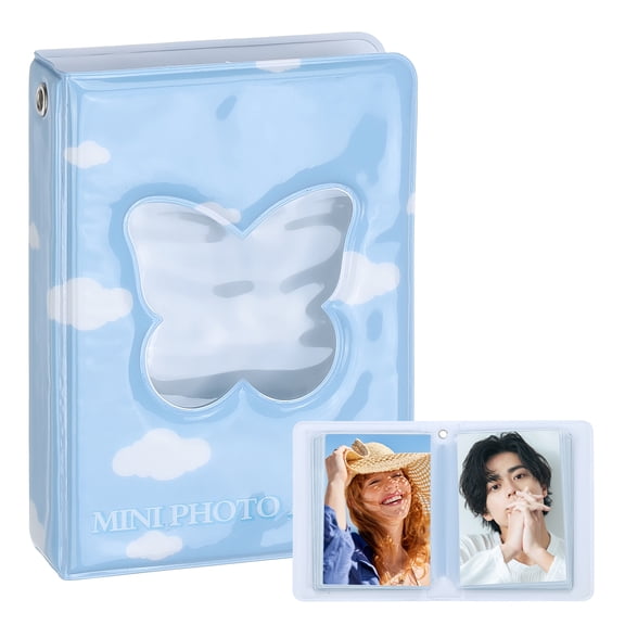 Uxcell 3 Inch Mini Photocard Binder Butterfly Love Heart Hollow Photocard, Mini Photo Album for Picture, photo, ID card, business card storage 40 Pockets, blue