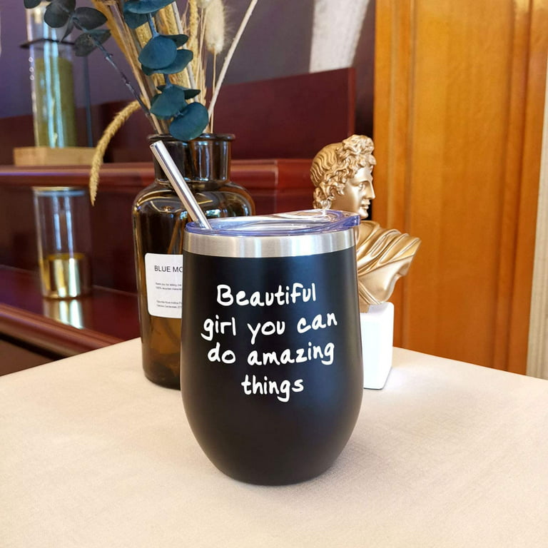 Inspirational gifts for women,daughter birthday gift,teenage girls gift, mom  gift, best friends gifts,12oz Insulated wine tumbler with lid,beautiful  girl you can do amazing things 