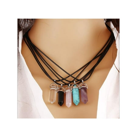 Chakra Crystal Gemstone - Natural Crystal Gemstone Hexagonal Point Bead Pendant Chakra Necklace + Chain
