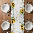 thumbnail image 4 of Table Runner 72 Inches Long for Kitchen Dining, Sunflower Gnomes Dresser Scarf Farmhouse, Dining Table Decorations for Wedding/Parties, Spring Farmhouse Daisy Leaf Wooden Grain 16 x 72 In, 4 of 8