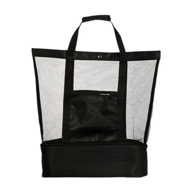 Bolsa de playa de malla con compartimento refrigerador, ideal para refrigerios, camping y verano. Negro