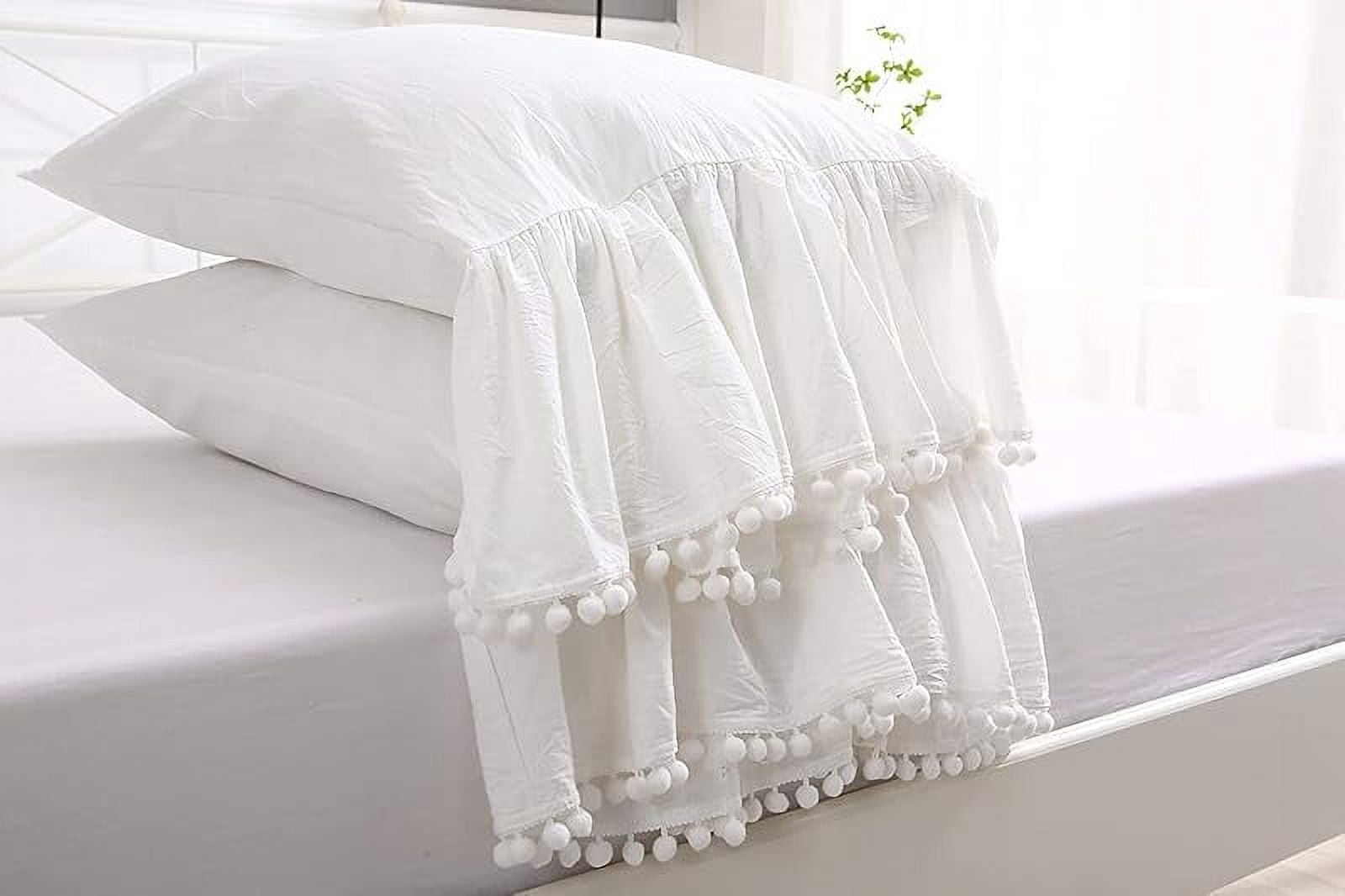Pom Poms Pillowcases with Long Ruffles Ivory Pillow Shams Cotton Pillow Covers Queen Size 20"X30" Farmhouse French Country 2-Pack