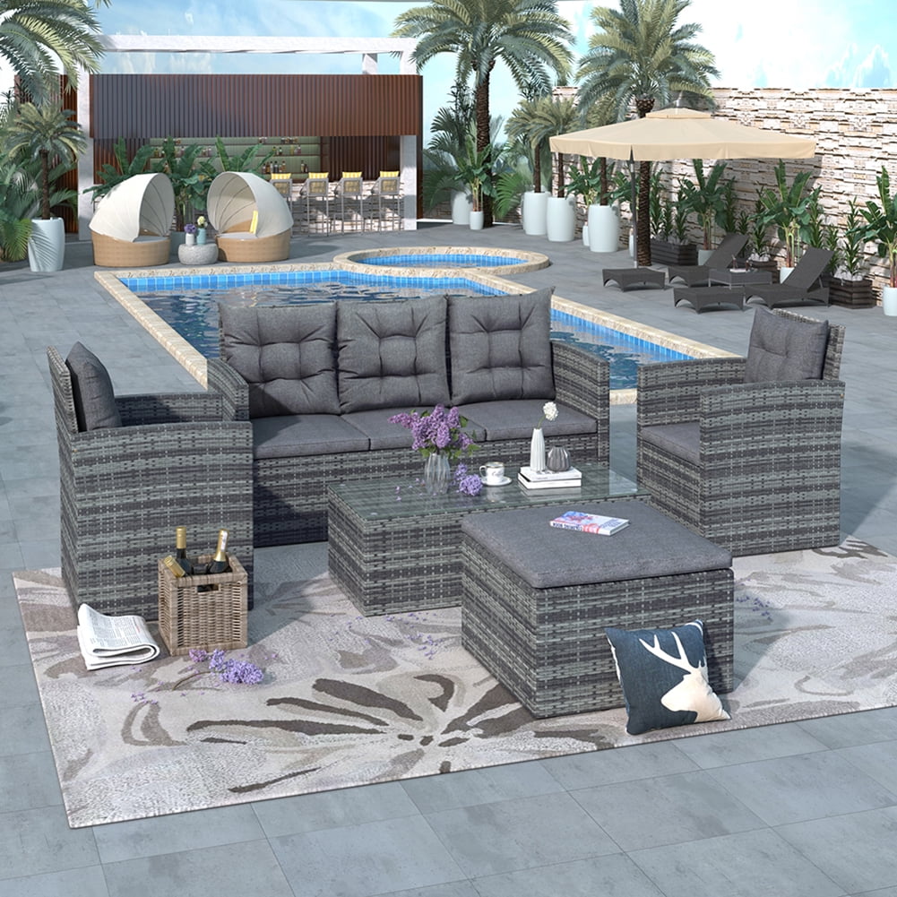 Lowestbest 5-Piece Patio Sofa Set, All Weather PE Wicker Furniture Coversation Set with Storage Bench and Glass Table Lowestbest 5-Piece Patio Sofa Set, All Weather PE Wicker Furniture Coversation Set with Storage Bench and Glass Table