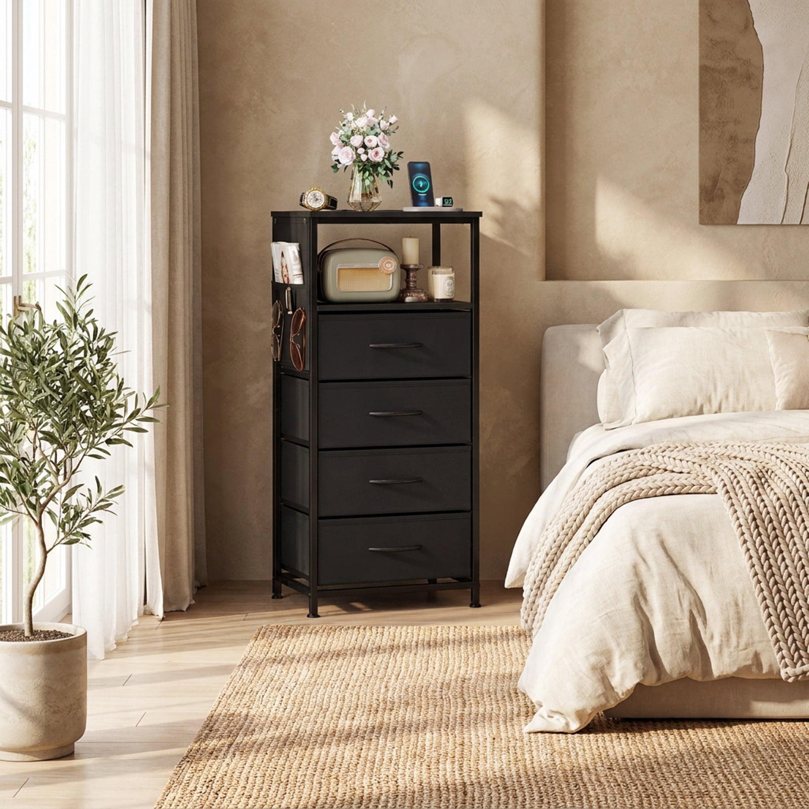 Furnibear 34 Inch Tall Black Nightstand with Integrated Charging Station and 4 Fabric Drawers