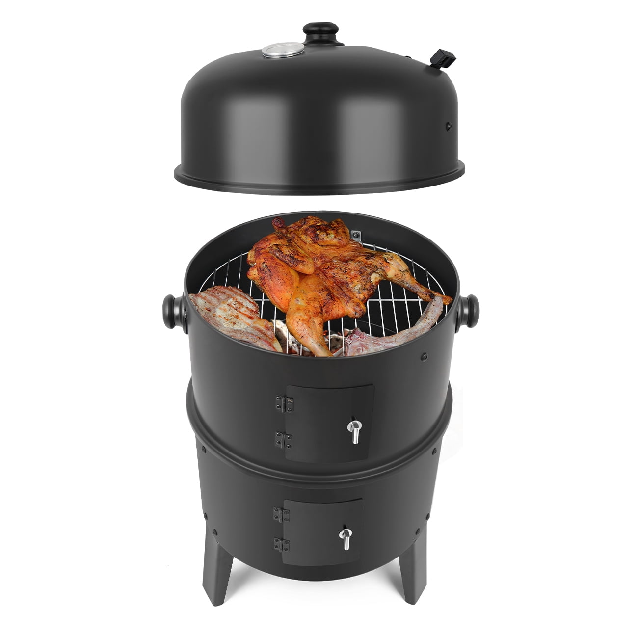 Linsen-outdoors Stainless Steel Vertical Charcoal BBQ Smoker: Versatile 3-in-1 Grill for Smoking, Roasting, and Barbecuing in Your Backyard or Outdoors