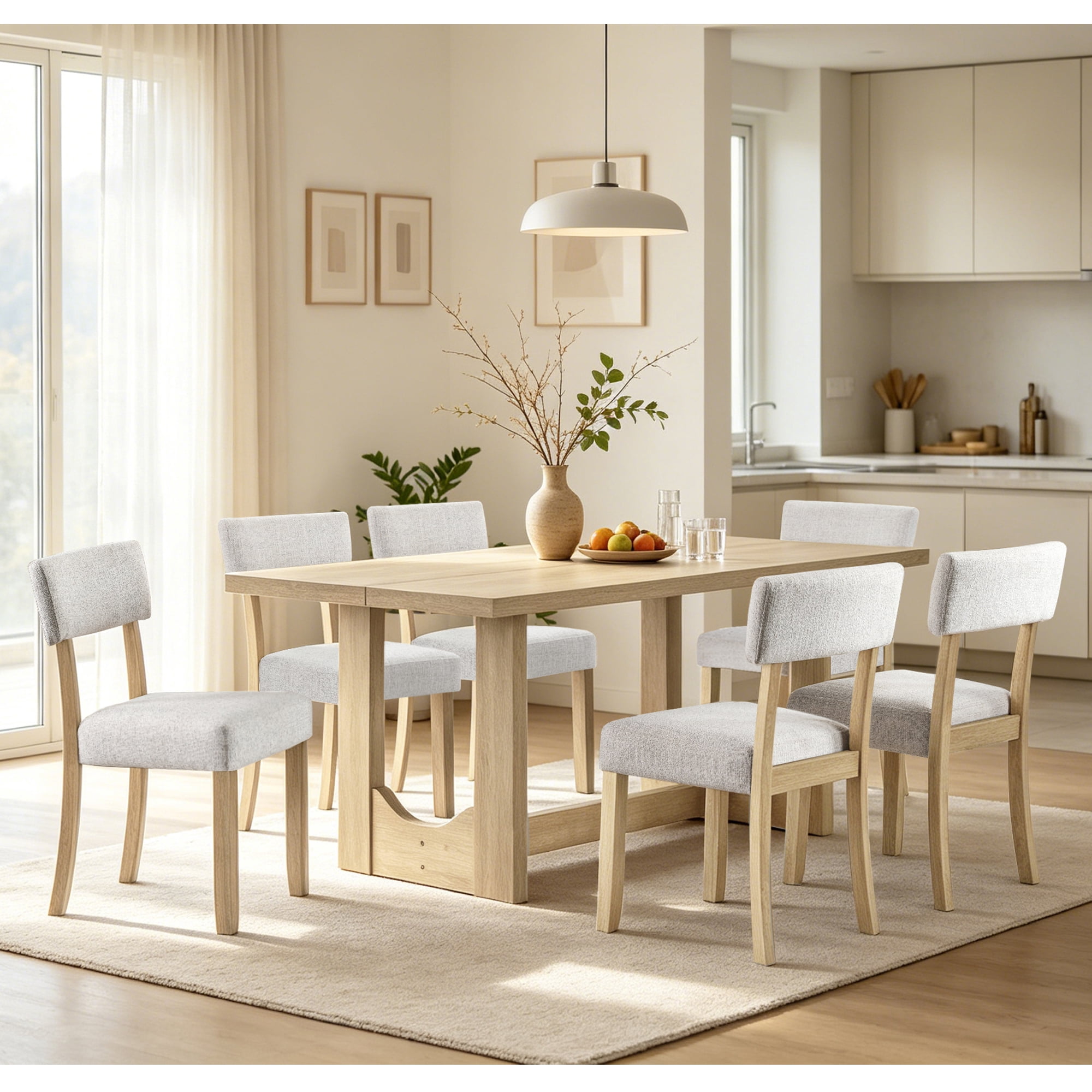 7-Piece Dining Table Set for 6, 57" Large Rectangular Table with 6 Linen Upholstered Chairs
