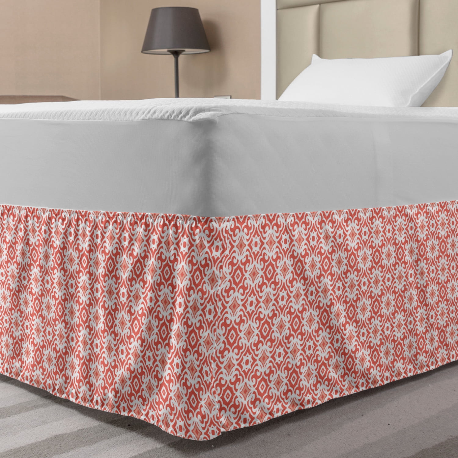 Coral Bed Skirt, Geometric Art Deco Pattern with Lacing Shapes 30s
