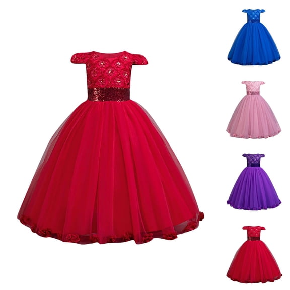 Elegant Long Girls Party Gown with Lace Trim, Tulle Ball Gown, Embroidered Sequin Formal Dress for Pageants, Weddings, Christmas, Halloween & Princess Events