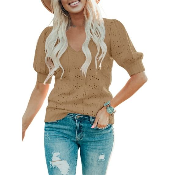 Sherrylily Women Cute Short Puff Sleeve Sweaters Loose Crew Neck Lightweight Pointelle Knit Pullover Shirts Tops
