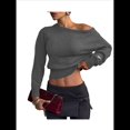 thumbnail image 2 of Suéter Corto de Larga con Hombros Descubiertos para Mujer, Moderno Jersey de Punto Acanalado Suave con Cuello . Gris S, 2 of 10