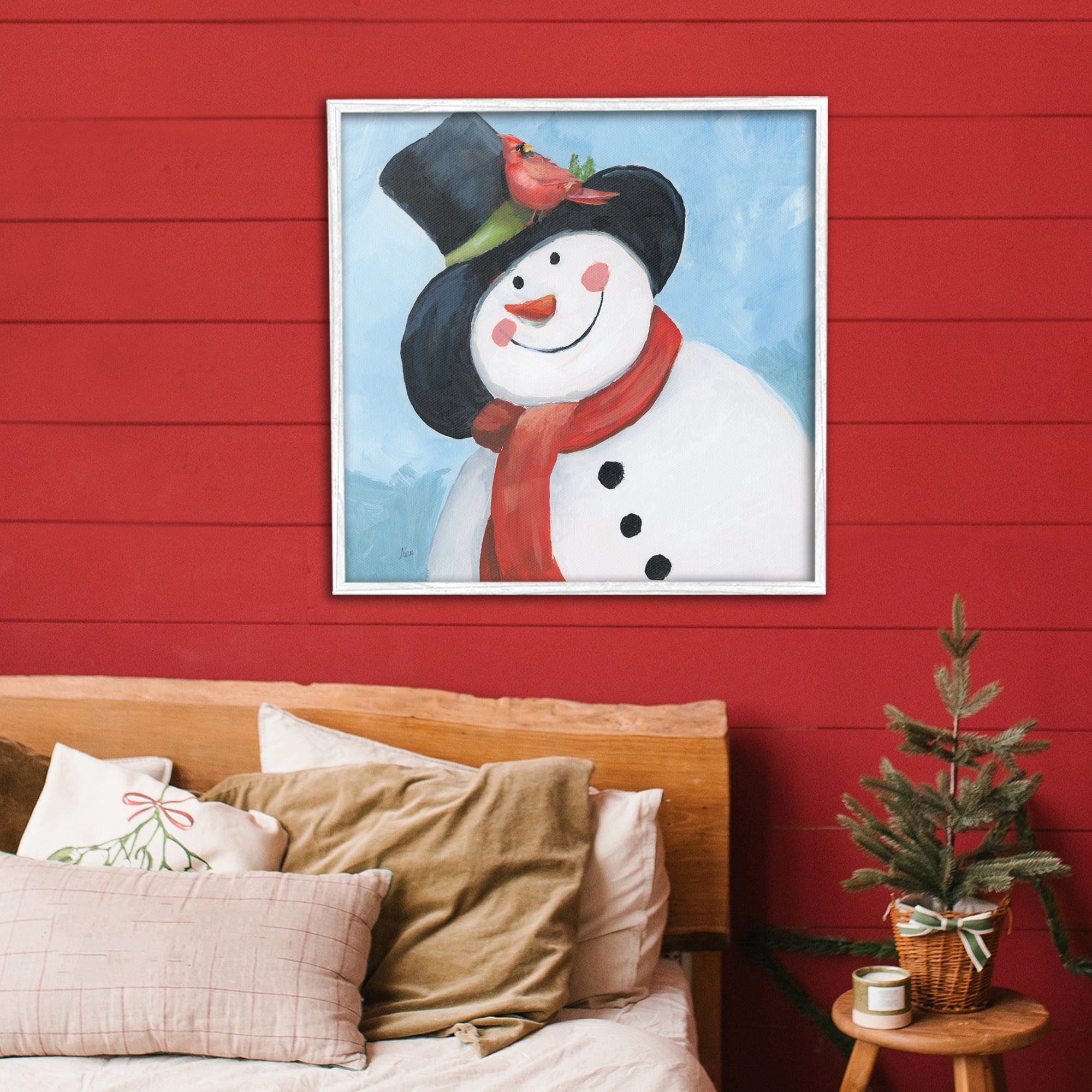 Stupell Industries Cheerful Snowman with Cardinal White Framed Giclee Art, design by Nan