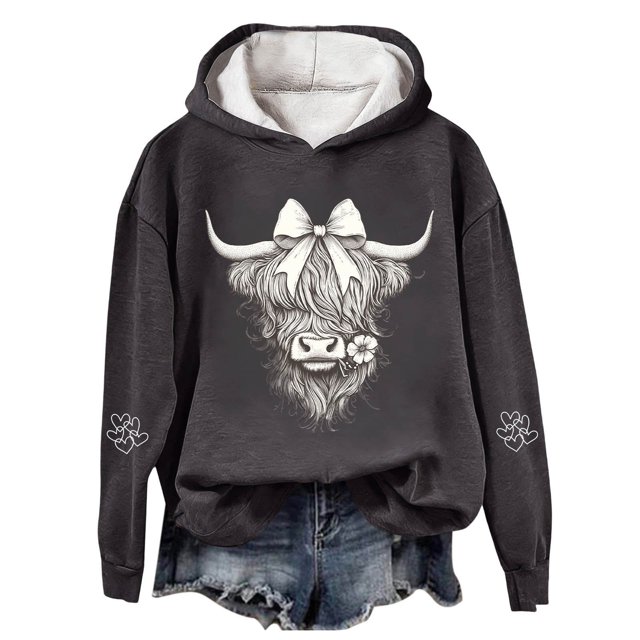 Chandail en Molleton Grande Taille, Chandail à Capuche Imprimé Vache Festif Graphique Western pour un Chandail en Molleton Confortable Thème Vacances Tenue Décontractée, Chandail en Molleton Col Rond Femmes, Taille : m